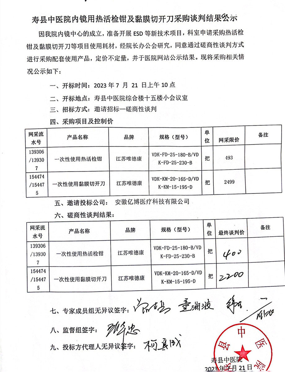 热活检钳及黏膜切开刀谈判结果公示